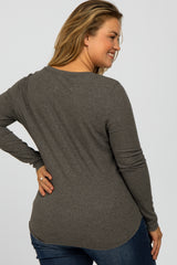 Charcoal Ribbed Button Front Long Sleeve Maternity Plus Top