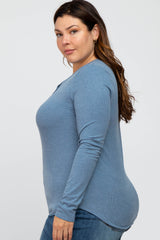 Blue Ribbed Button Front Long Sleeve Plus Top