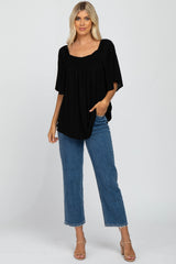 Black Linen Smocked Short Sleeve Top