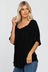 Black Linen Smocked Short Sleeve Top