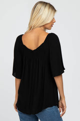 Black Linen Smocked Short Sleeve Top