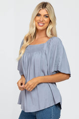 Grey Linen Smocked Short Sleeve Top
