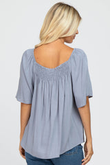 Grey Linen Smocked Short Sleeve Top