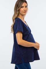 Navy Eyelet Accent Short Sleeve Maternity Top