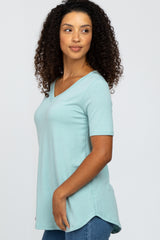 Mint Green V-Neck Short Sleeve Round Hem Top