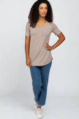 Mocha V-Neck Short Sleeve Round Hem Top
