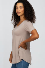 Mocha V-Neck Short Sleeve Round Hem Top