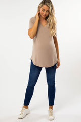Mocha V-Neck Maternity Short Sleeve Round Hem Top