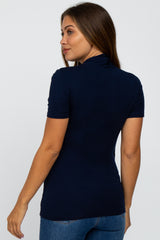 Navy Blue Solid Short Sleeve Wrap Front Maternity/Nursing Top