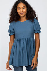 Blue Swiss Dot Puff Sleeve Maternity Top