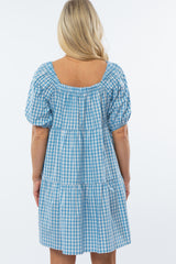 Blue Gingham Puff Sleeve Maternity Dress