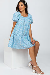 Blue Gingham Puff Sleeve Maternity Dress