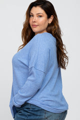 Blue Waffle Knit Long Sleeve Plus Top