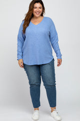 Blue Waffle Knit Long Sleeve Plus Top