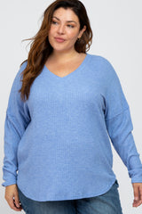 Blue Waffle Knit Long Sleeve Plus Top
