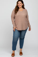 Taupe Waffle Knit Long Sleeve Plus Top