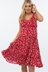 Red Floral Print Tiered Maternity Dress