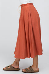 Rust Drawstring Waist Midi Skirt