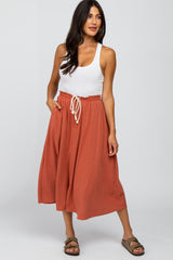 Rust Drawstring Waist Midi Skirt