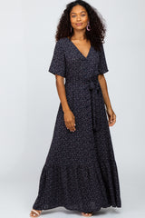 Navy Floral Button Front Maternity Maxi Dress