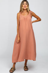 Dark Peach Bow Strap Maternity Midi Dress