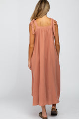 Dark Peach Bow Strap Maternity Midi Dress