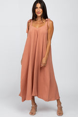 Dark Peach Bow Strap Maternity Midi Dress