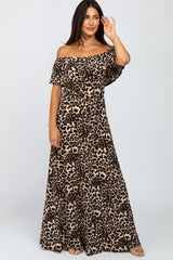Brown Animal Print Off Shoulder Maternity Maxi Dress
