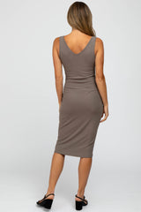 Taupe Sleeveless Ribbed Knit Fitted Dress