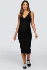 Black Sleeveless Ribbed Knit Fitted Maternity Dress
