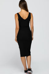Black Sleeveless Ribbed Knit Fitted Maternity Dress