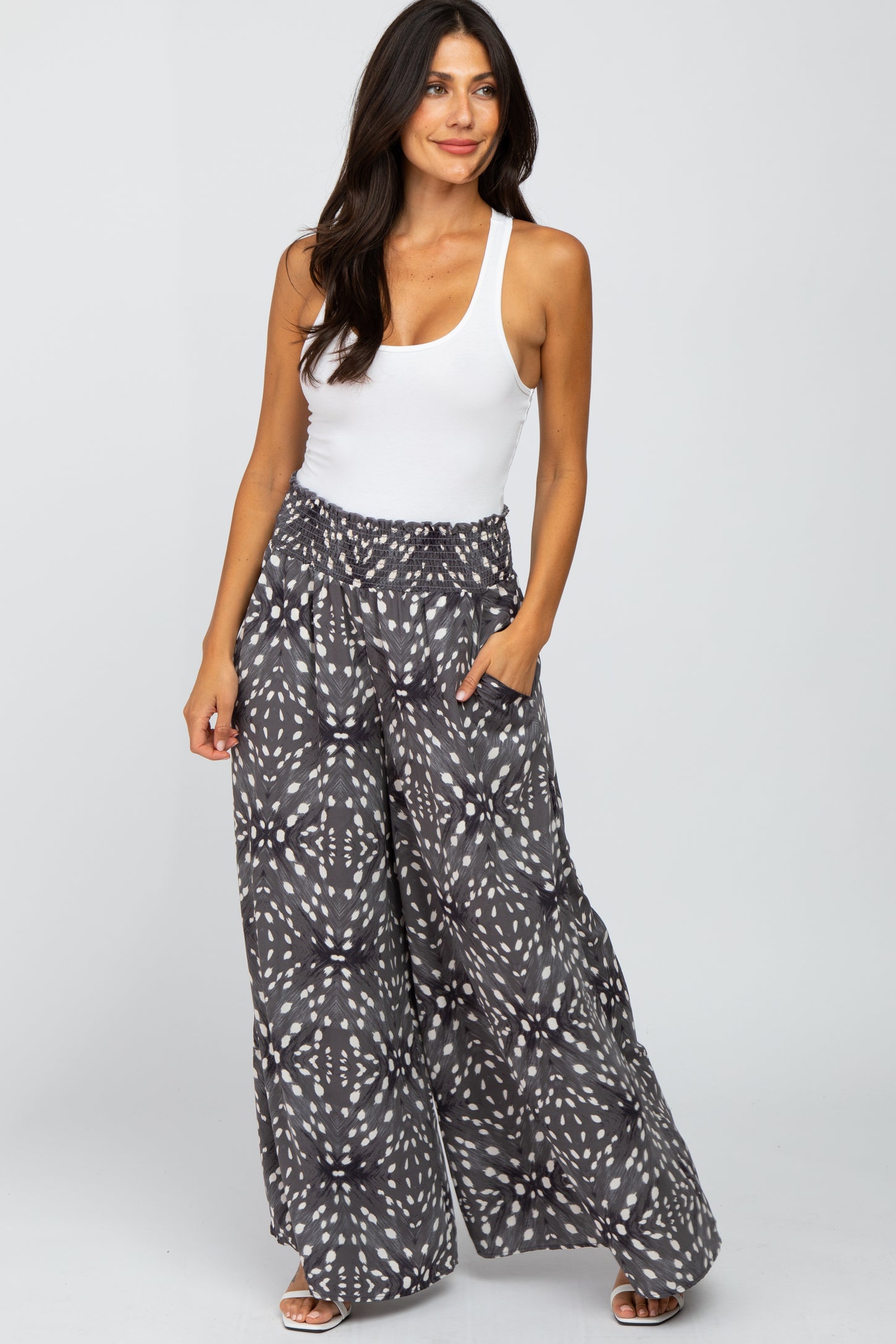Grey Animal Print Wide Leg Pants