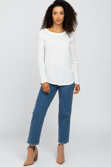 White Basic Waffle Knit Long Sleeve Top