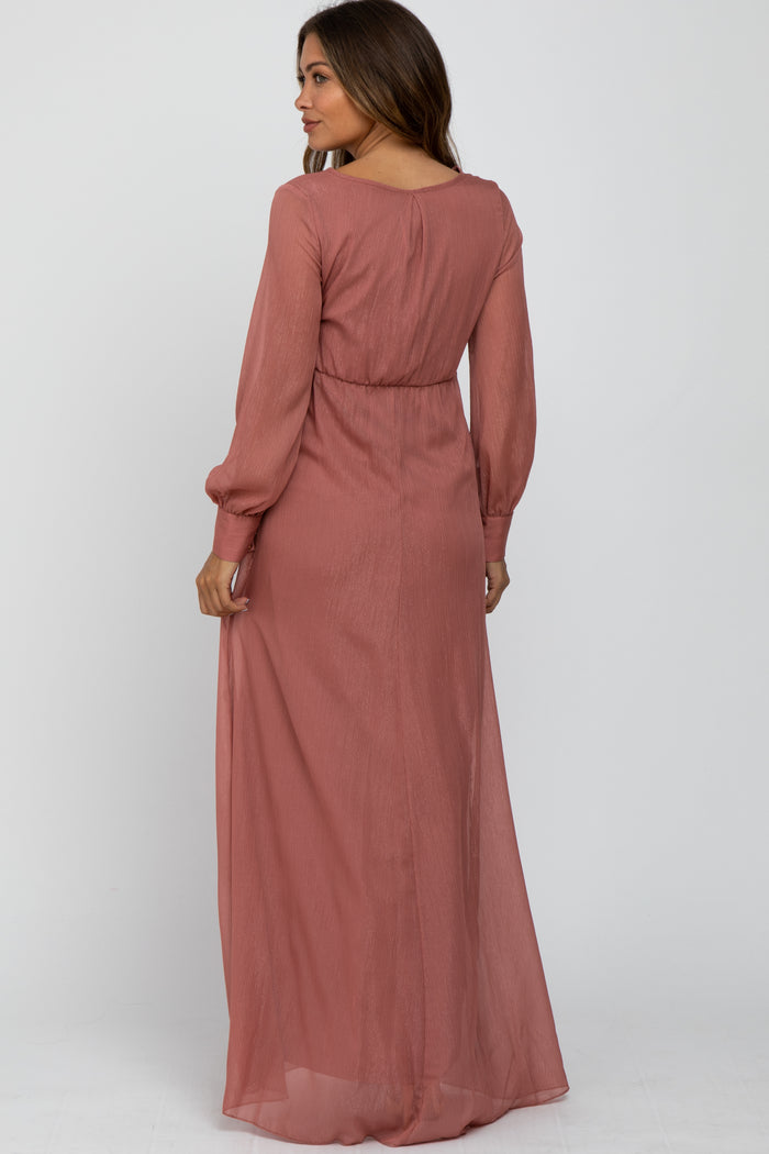 Pink Metallic Chiffon Maternity Maxi Dress