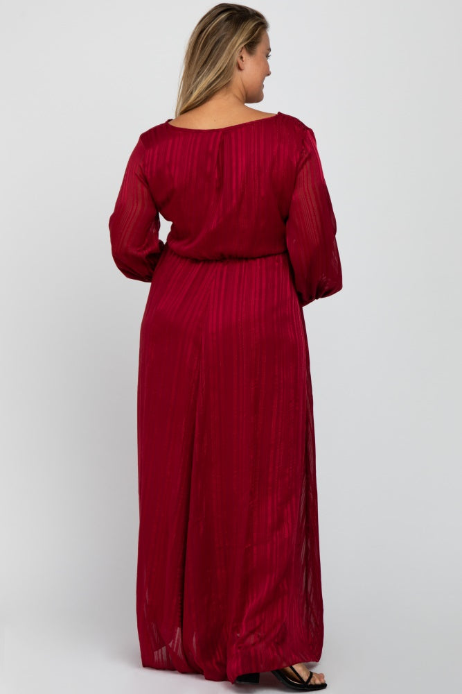 Burgundy Metallic Striped Chiffon Maternity Plus Maxi Dress