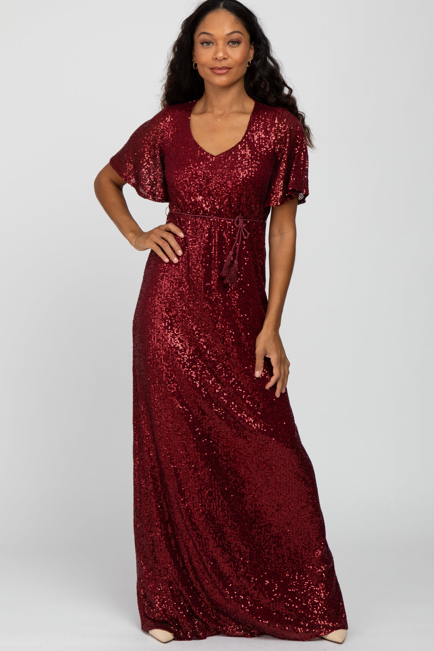 Burgundy Sequin Short Sleeve Maternity Maxi Dress PinkBlush Burgundy Sequin Short Sleeve Maternity Maxi Dress PinkBlush