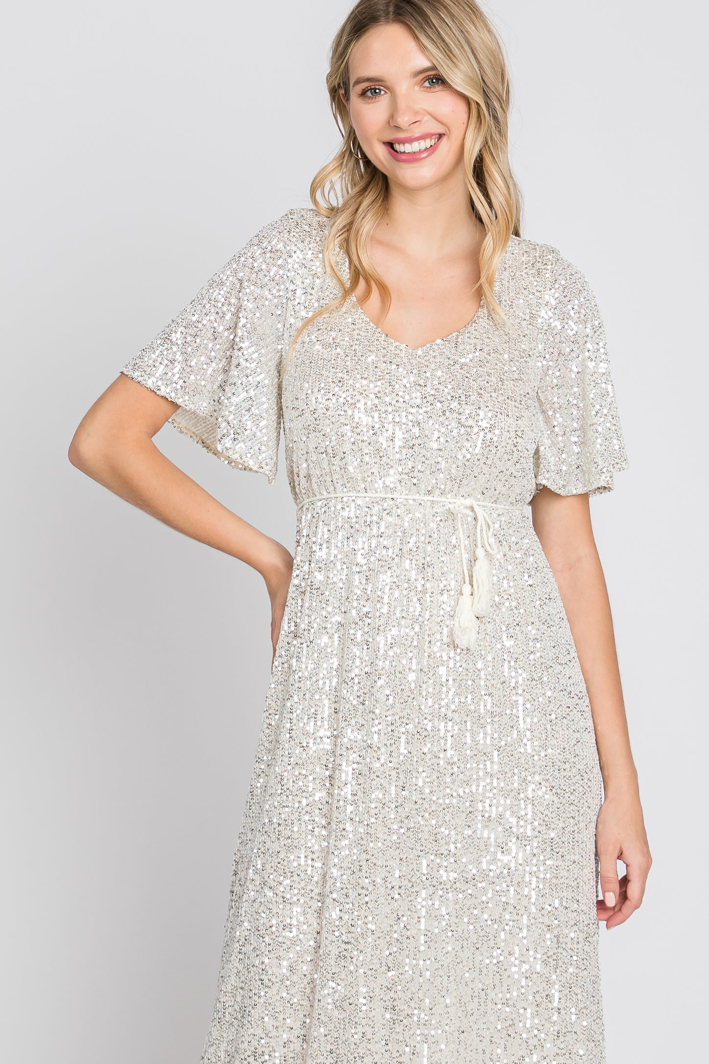 Cream Sequin Short Sleeve Maxi Dress – PinkBlush