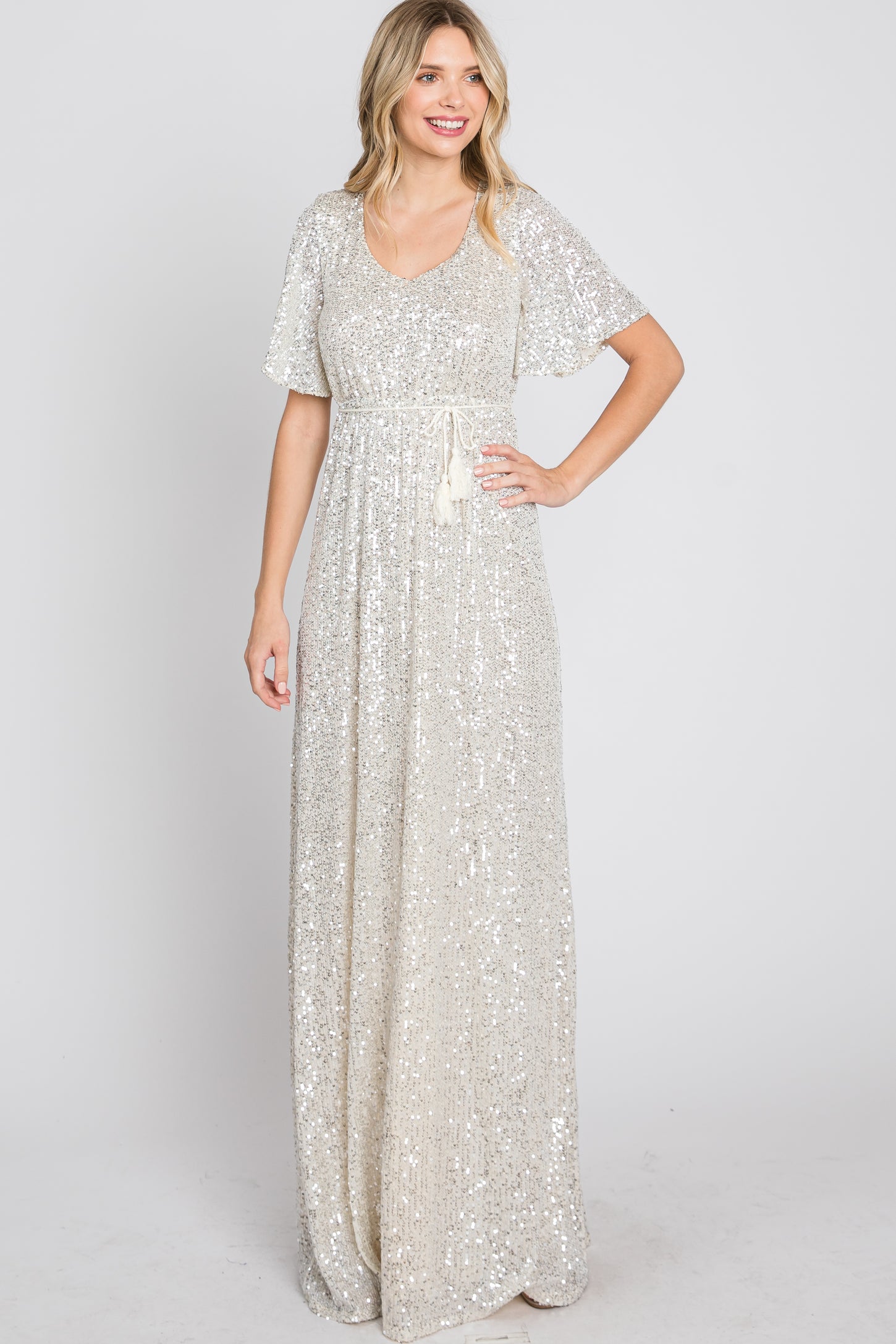 Cream Sequin Short Sleeve Maxi Dress – PinkBlush