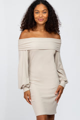 Beige Ribbed Off Shoulder Puff Sleeve Dress