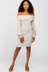 Beige Ribbed Off Shoulder Puff Sleeve Dress