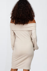 Beige Ribbed Off Shoulder Puff Sleeve Dress