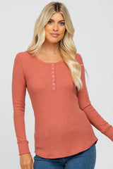Rust Waffle Knit Front Snap Button Top