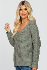 Olive V-Neck Side Slit Thick Knit Sweater
