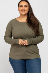 Olive Ribbed Knit Long Sleeve Plus Top