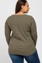 Olive Ribbed Knit Long Sleeve Plus Top