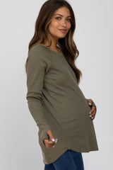 Olive Solid Ribbed Long Sleeve Maternity Top