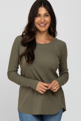 Olive Solid Ribbed Long Sleeve Top