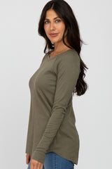 Olive Solid Ribbed Long Sleeve Top