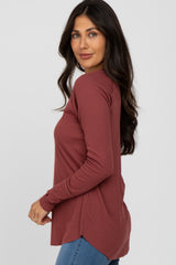 Rust Solid Ribbed Long Sleeve Top