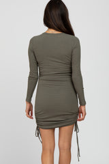 Olive Ribbed Ruched Side Tie Fitted Dress